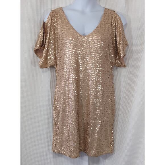 AS U WISH! SHIMMERY BEIGE/TAN STRETCH KNIT SEQUINNED PEEP SHOULDER DRESS! SZ XXL - Picture 2 of 10